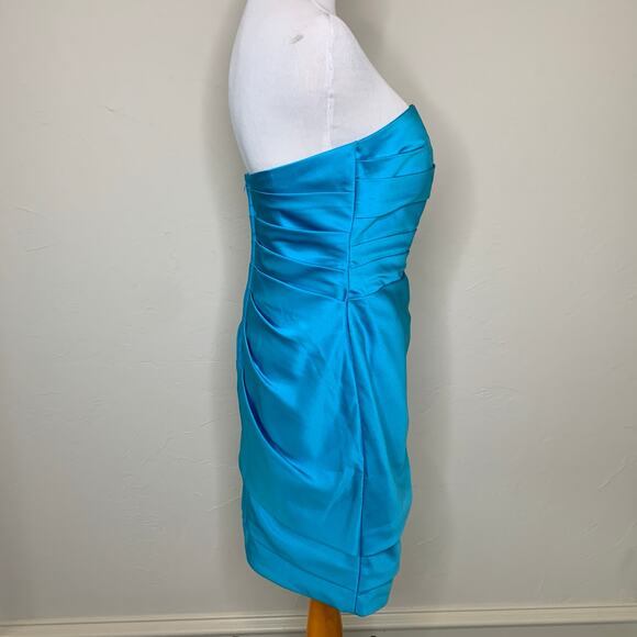 David's Bridal Turquoise Blue Satin Cocktail Dress Ruched Sz 8 - Picture 4 of 9